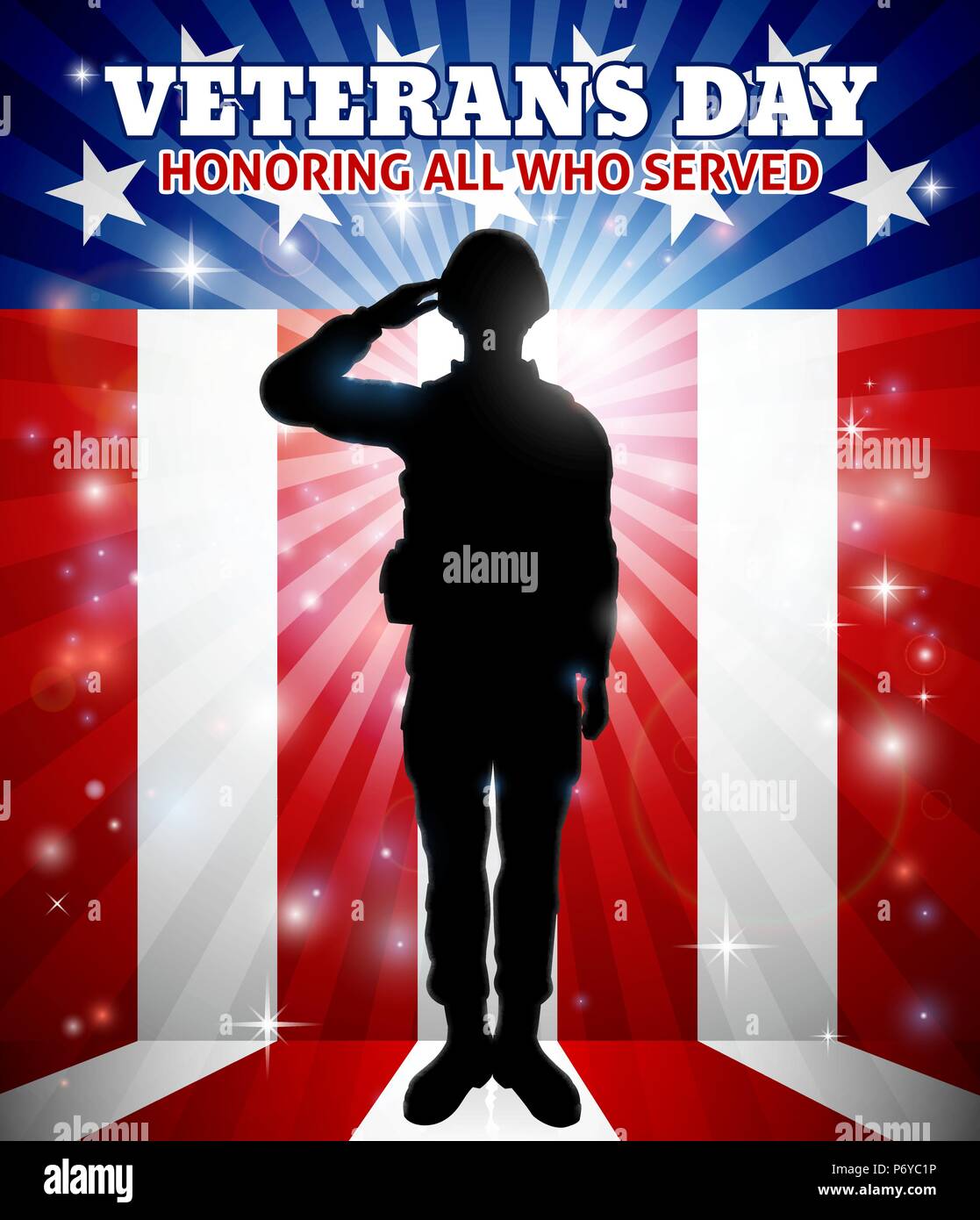 Soldat salutierte Veterans Day American Flag Stock Vektor
