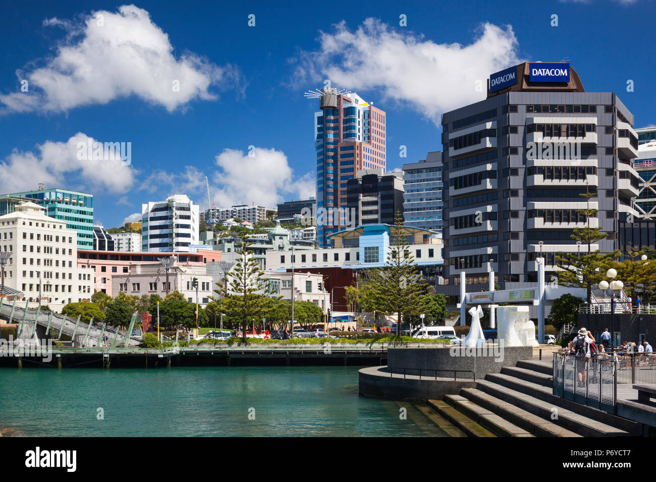 Neuseeland, Nordinsel, Wellington, Skyline und Waterfront Gebäude Stockfoto