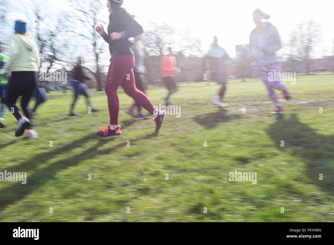 Läufer laufen im Kreis im sonnigen Park Stockfoto