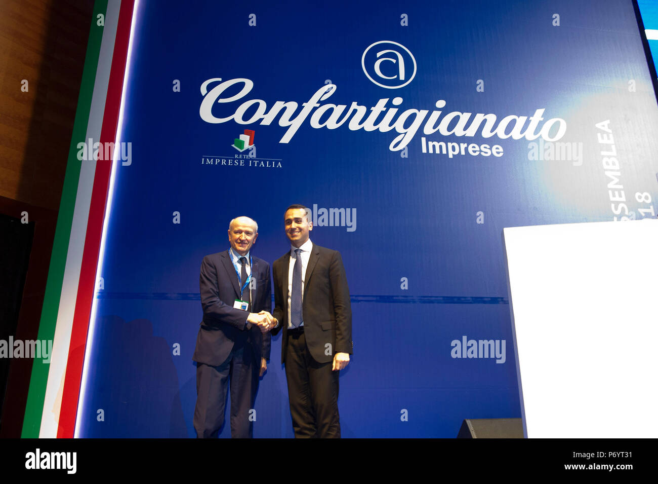 Italien, Rom, Confartigianato Montage: Auf dem Foto von rechts: Luigi Di Maio, Führer der Fünf-Sterne-Bewegung (M5S) zum Vizepräsidenten des Rates o Stockfoto