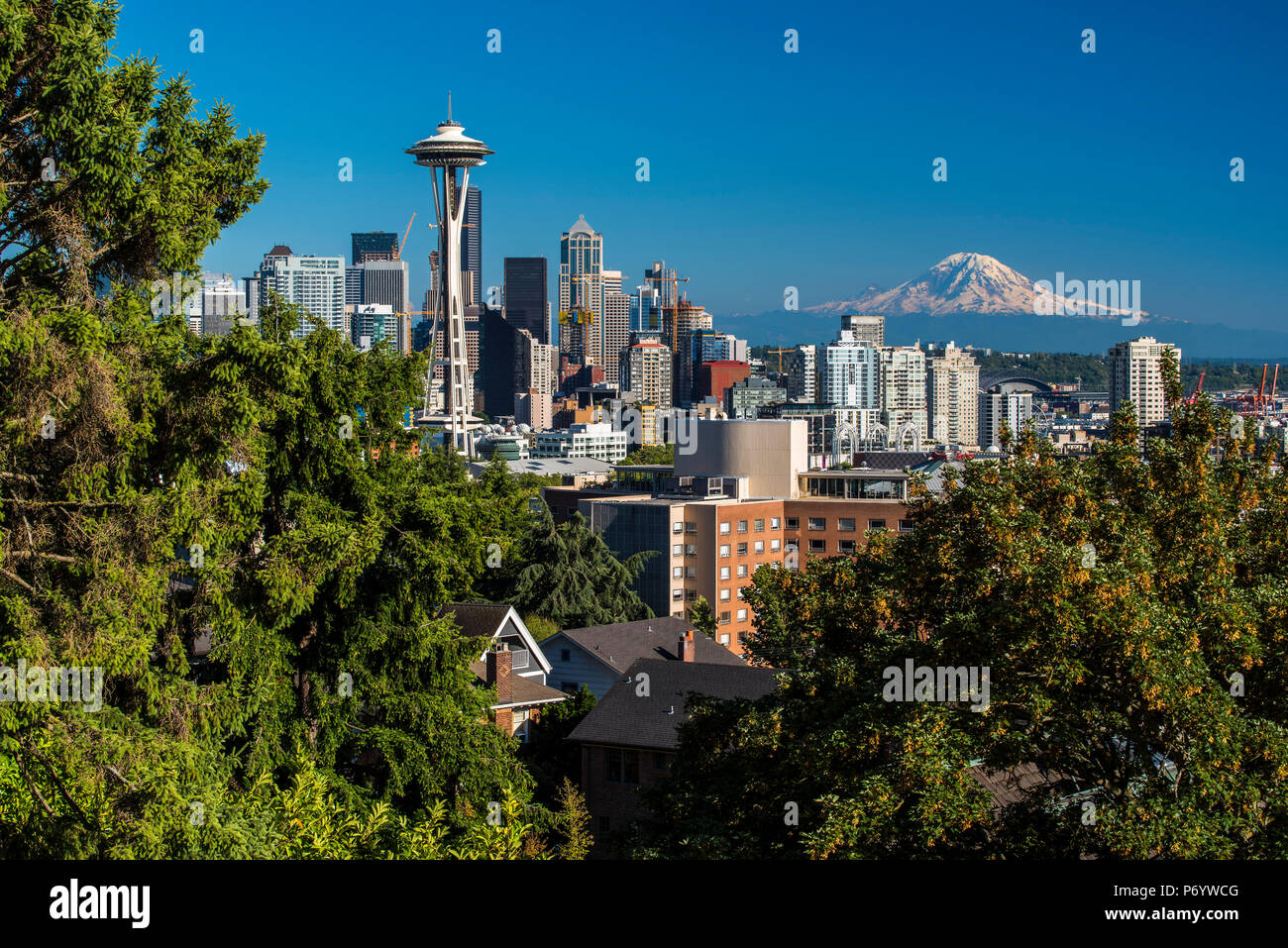Die Skyline der Innenstadt mit Space Needle, Seattle, Washington, USA Stockfoto
