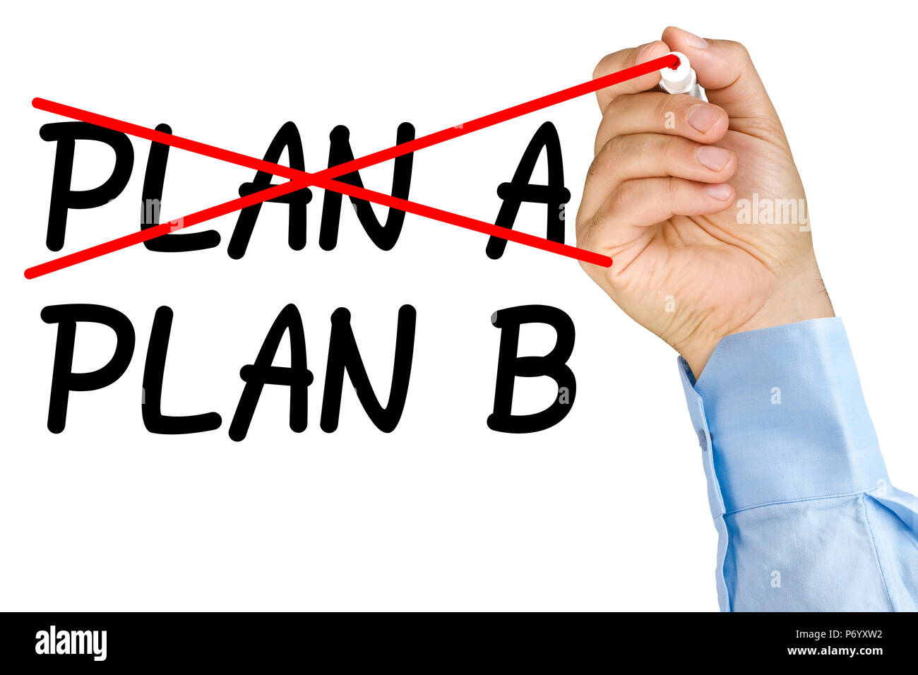 Geschäftsmann hand Kreuzung Plan ein Wort im Vergleich zu Plan B isoliert Stockfoto