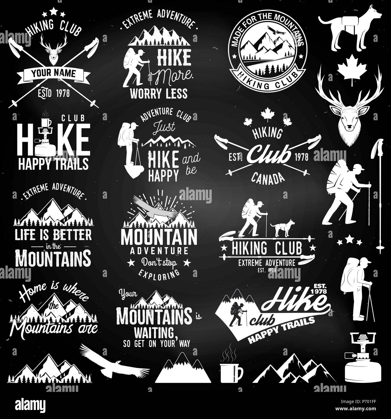 Wandern club Abzeichen mit Designelementen auf dem Schwarzen Brett. Berge Ähnliche typografische Anführungszeichen. Vector Illustration. Konzept für Hemd oder Logo, Drucken, Stock Vektor