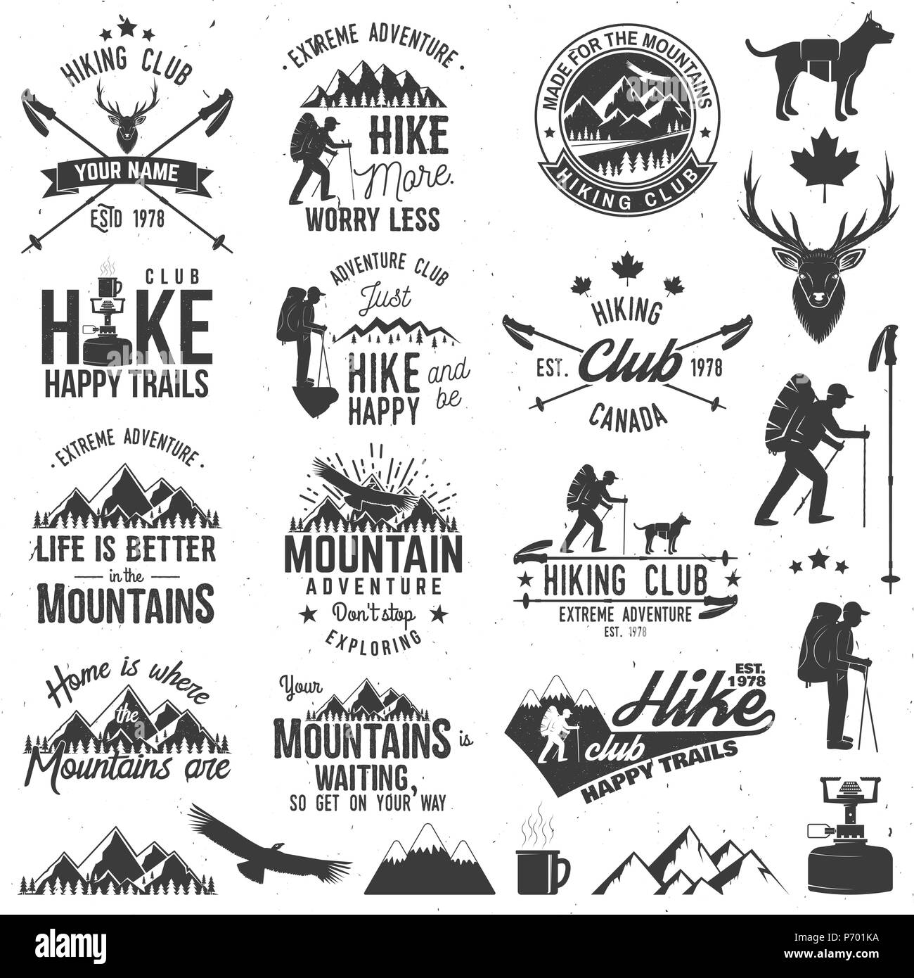 Wandern club Abzeichen mit Designelementen. Berge Ähnliche typografische Anführungszeichen. Vector Illustration. Konzept für Hemd oder Logo, Print, Stempel. Stock Vektor