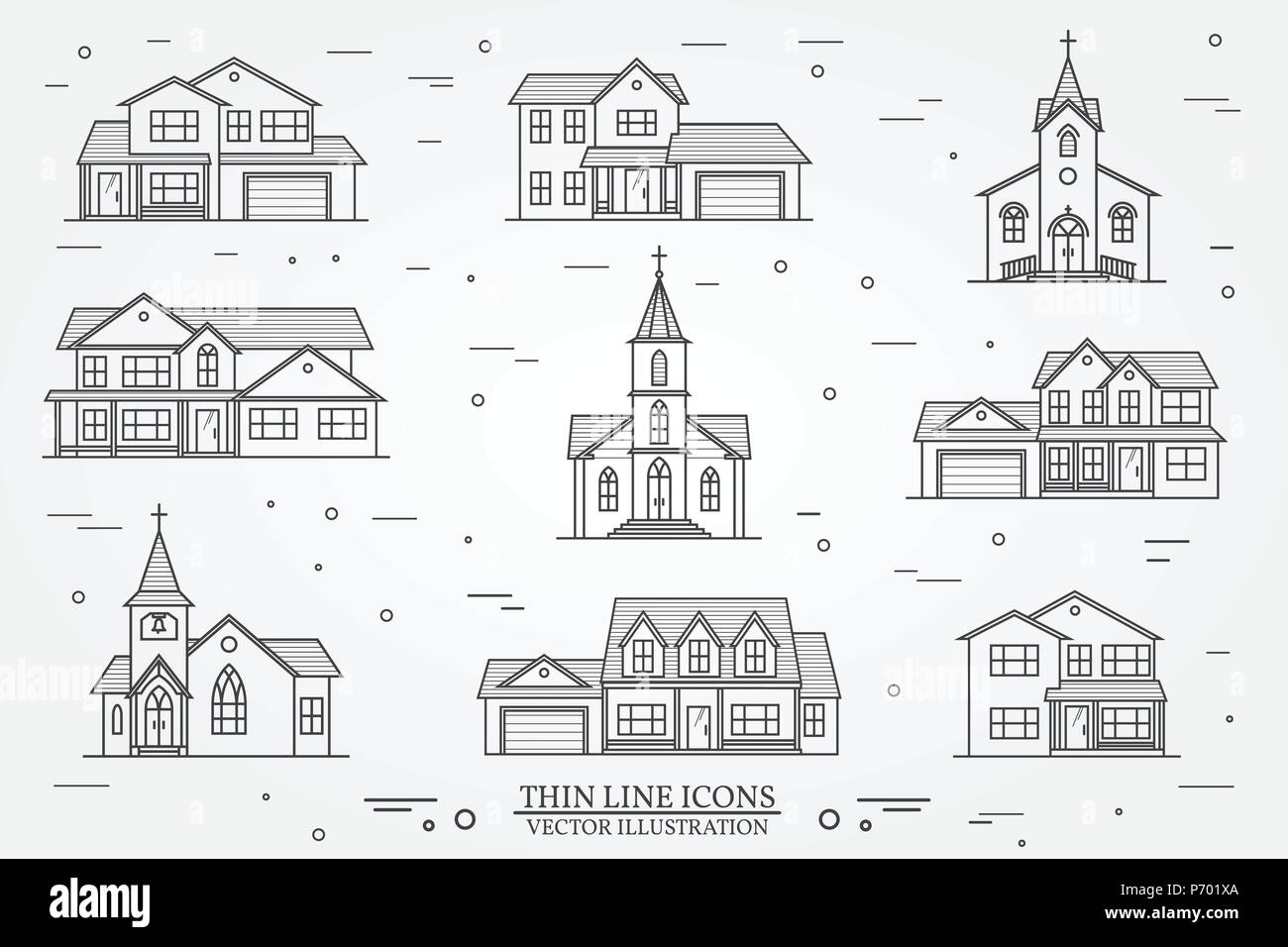 Der dünne Linie Symbol suburban amerikanische Häuser und Kirchen. Für web design und Application Interface, auch nützlich für Infografiken. Vektor illustrati Stock Vektor