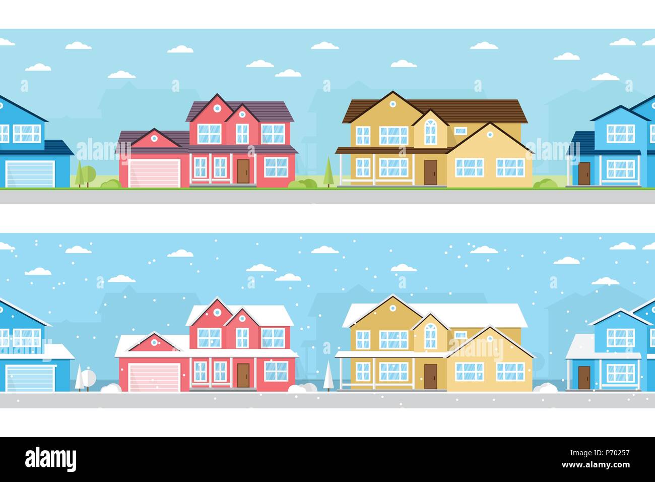 Nahtlose Nachbarschaft mit Wohnungen im Winter und Sommer. Vector Illustration. Stock Vektor