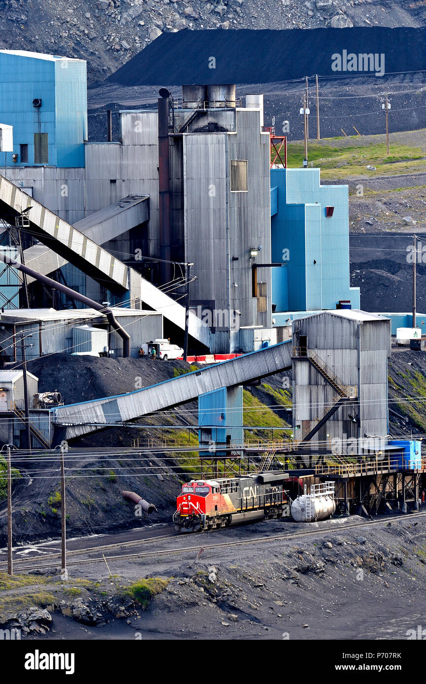 Eine vertikale Bild eines kanadischen nationalen Güterzug laden Rohstoff Kohle aus einem Verarbeitungsbetrieb in den Ausläufern der Rocky Mountains in der Nähe von Cadomin Al Stockfoto