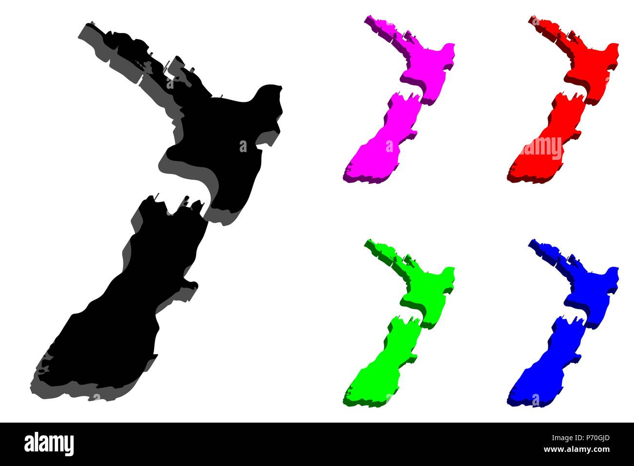 3D-Karte von Neuseeland (Aotearoa) - Schwarz, Rot, Lila, Blau und Grün-Vector Illustration Stock Vektor