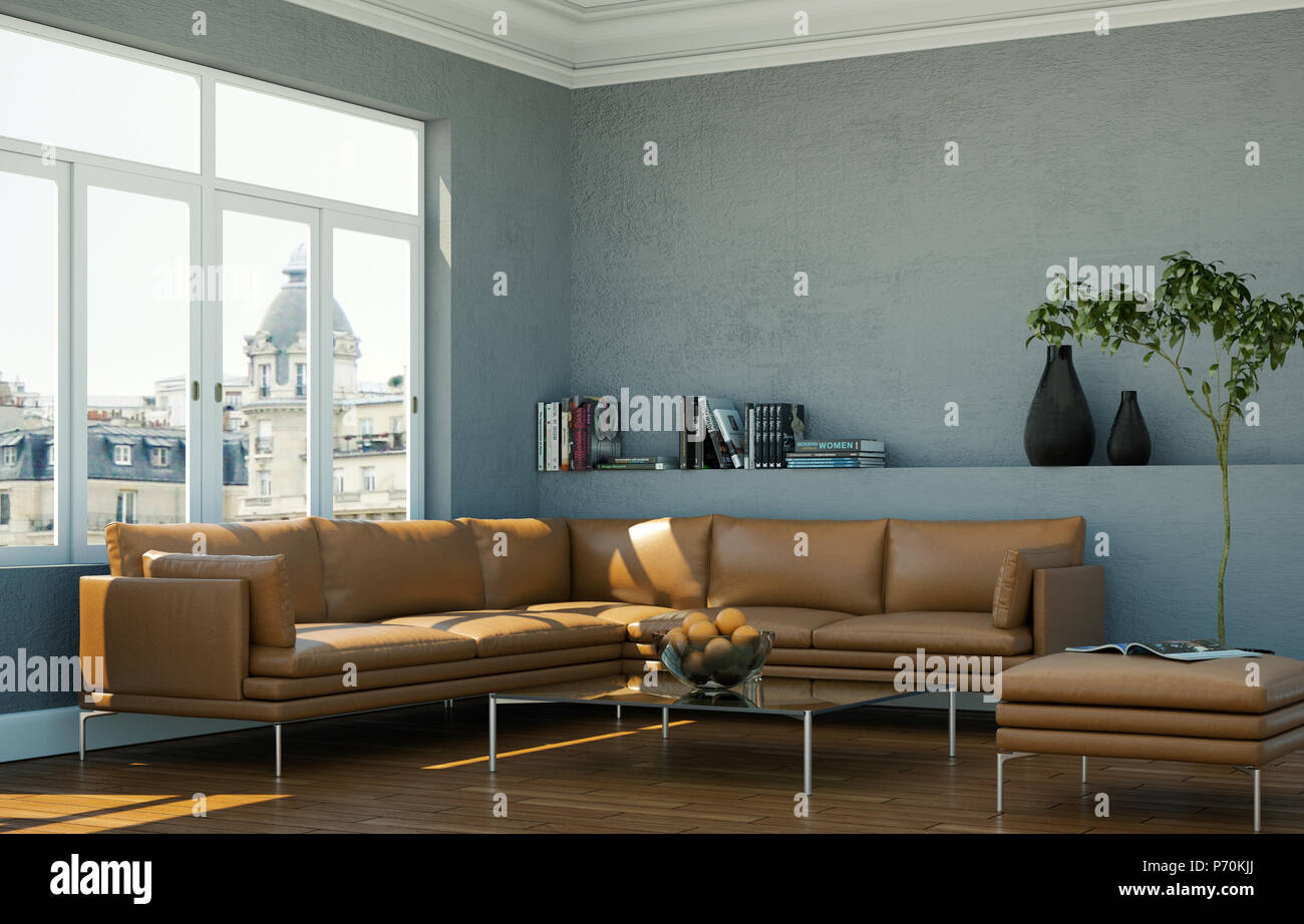 Helles Zimmer mit braunem Leder Sofa und Tisch Stockfotografie - Alamy