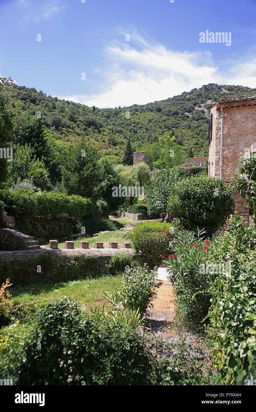 Garten von der Verdus stream im unteren Teil der mittelalterlichen Dorf Saint-Guilhem-le-Désert, Hérault, Royal, Frankreich Stockfoto