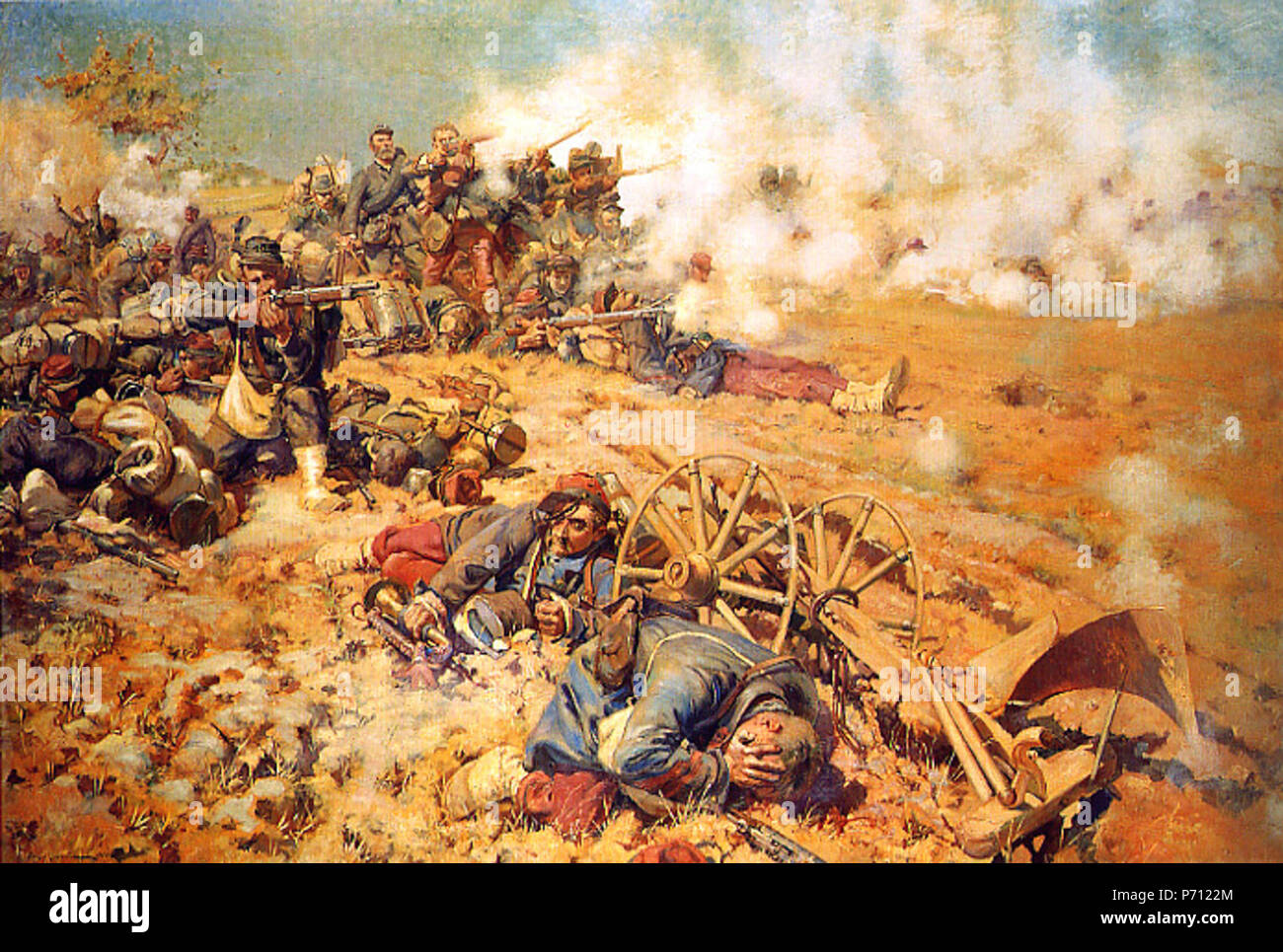 Titel: La Ligne de Feu, 16 août 1870 - gemalt 1886. Englisch: Pierre-Georges Jeanniot's La Ligne de Feu (1886) Darstellung der Schlacht von Mars-La-Tour. 1886 156 Lignedefeu 16. August Stockfoto