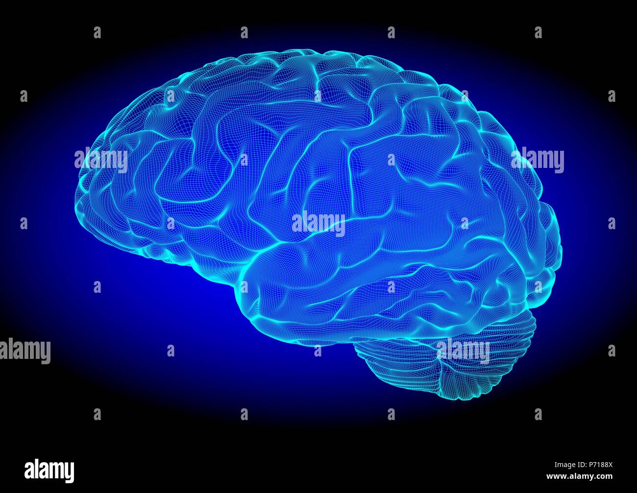 Blau Drahtmodell Gehirn Glühen auf dunklen Raum Hintergrund Stock Vektor