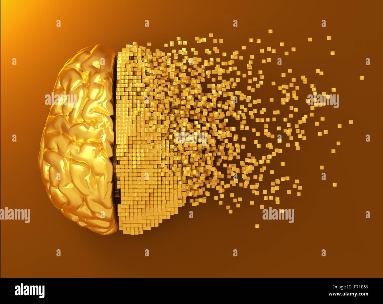 Desintegration von Golden Digital Gehirn. 3D-Darstellung. Stockfoto