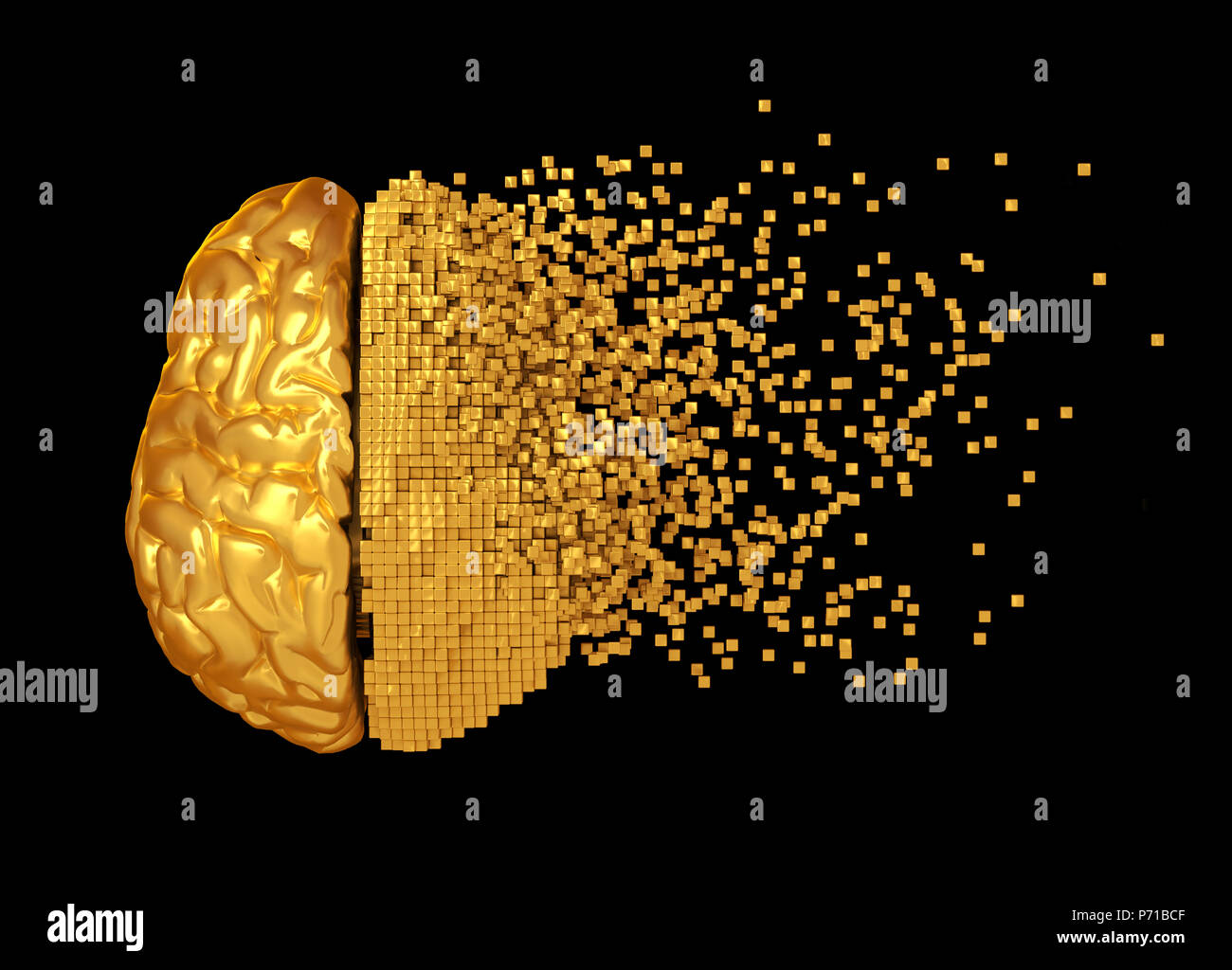 Desintegration von Golden Digital Gehirn auf schwarzem Hintergrund. 3D-Darstellung. Stockfoto