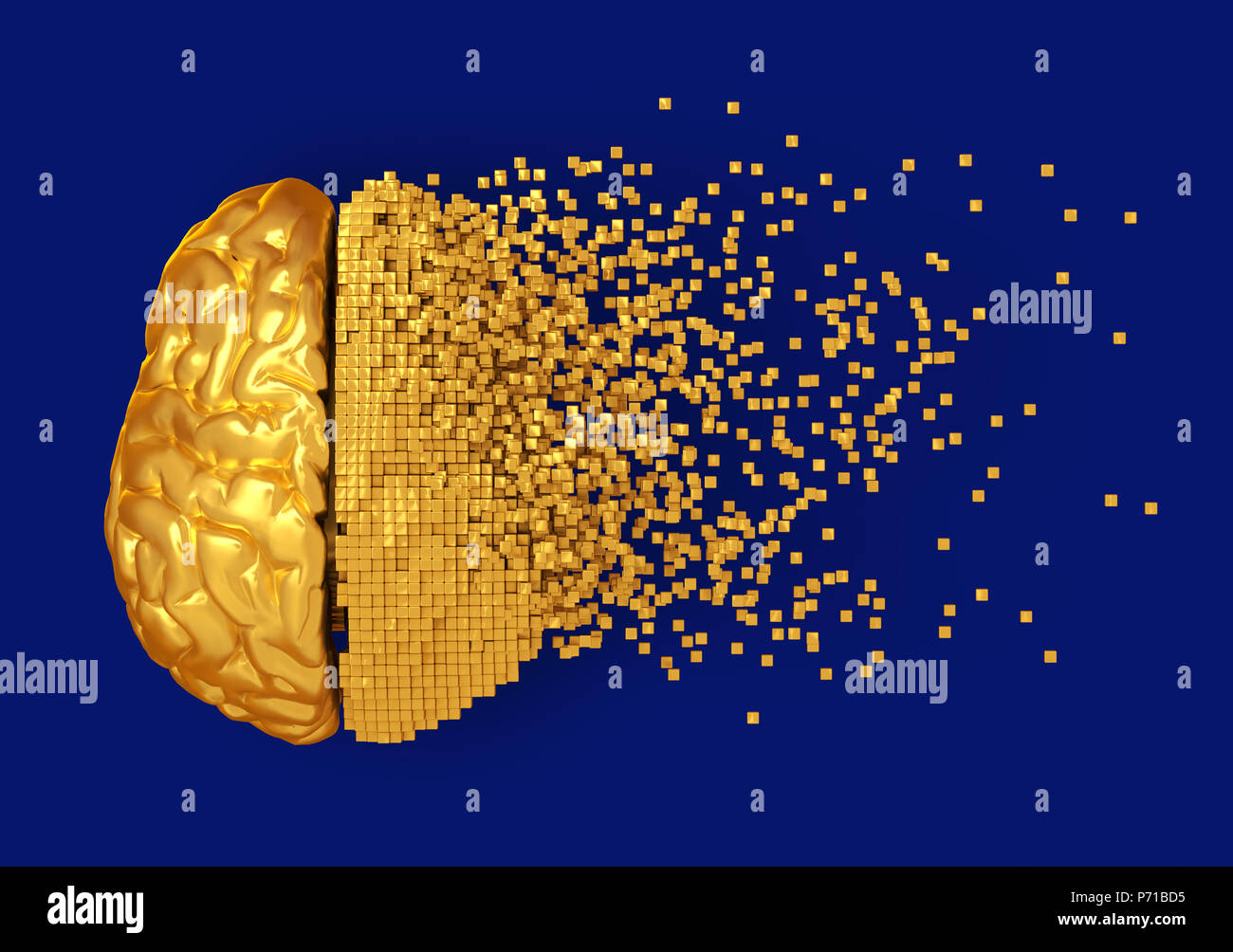 Desintegration von Golden Digital Gehirn auf blauem Hintergrund. 3D-Darstellung. Stockfoto