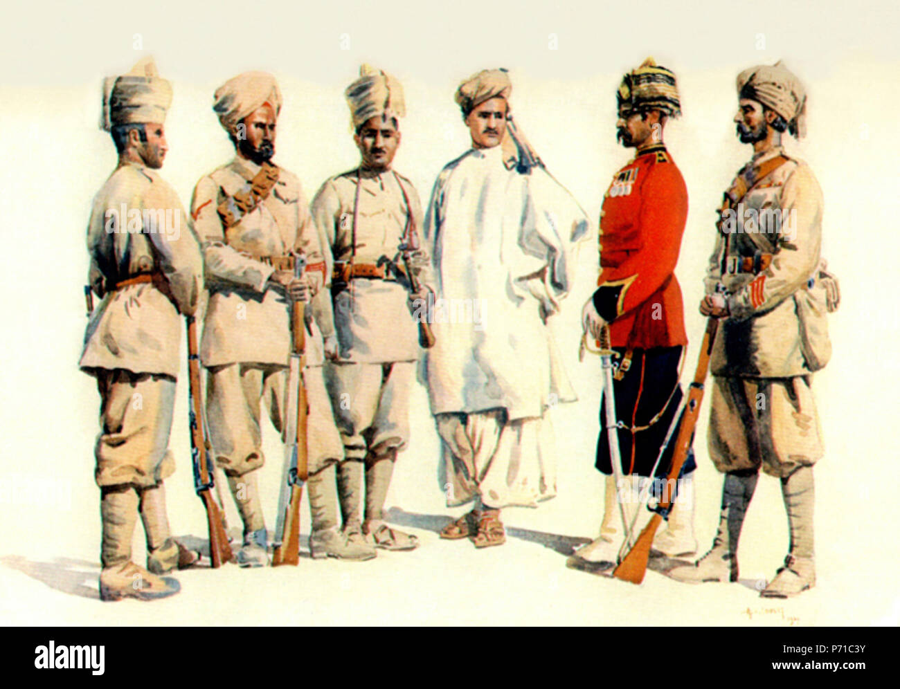 Englisch: 19 Punjabis (Jetzt 5.BATAILLON Regiment des Punjab, Pakistan Armee). Nach rechts: Afridi, Sikh, Bangash, Swati, Yusufzai, Punjabi muslimischen Links. Aquarell von großen Alfred überfüllt Lovett, 1910. In MacMunn & Lovett, Armeen von Indien, 1911 veröffentlicht. 1911 3 19 Punjabis (5 Punjab) (Afridi, Sikh, Bangash, Swati, Yusufzai, PM) 1910 Stockfoto