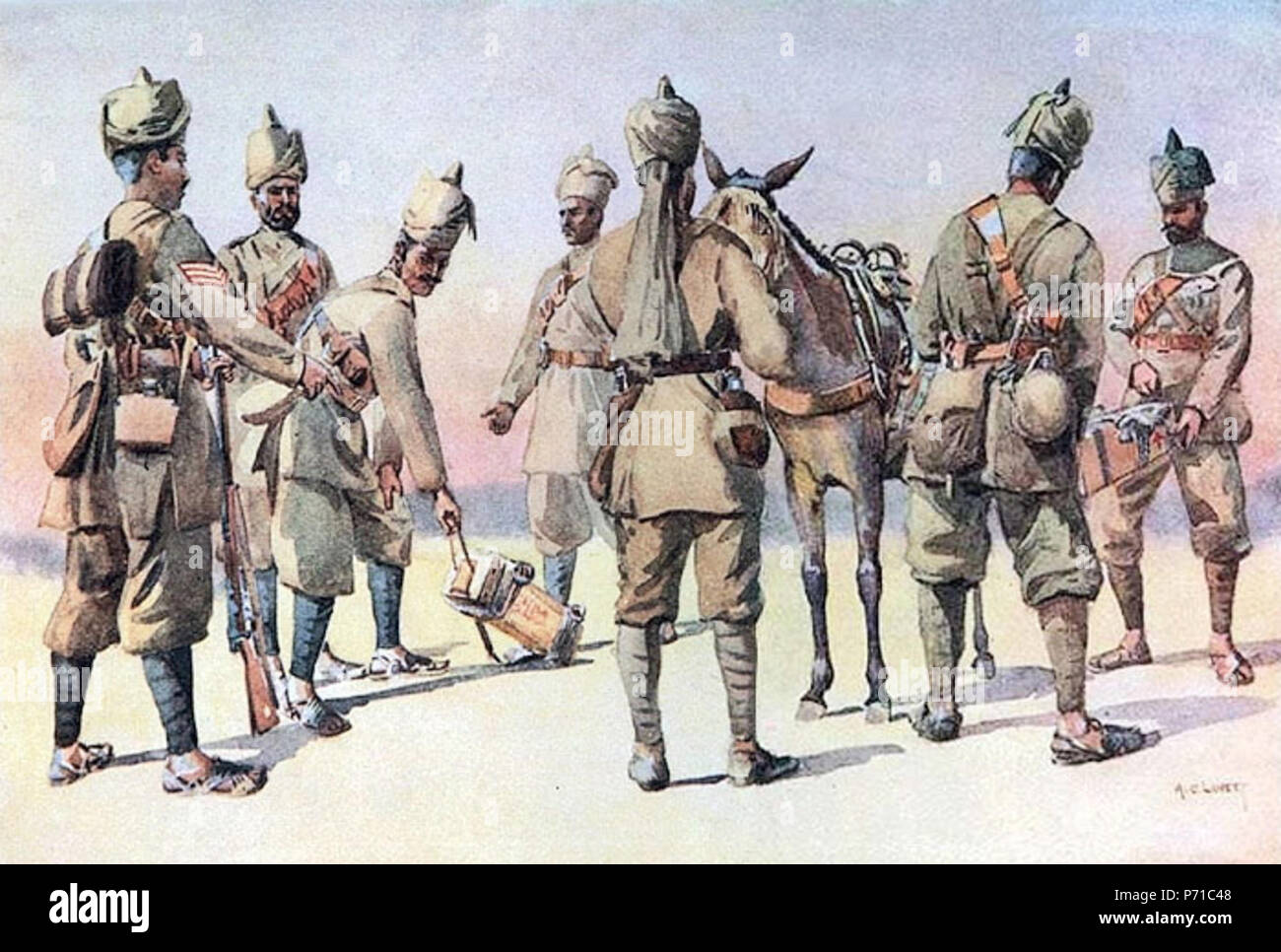 Englisch: 46. und 33. Punjabis. Aquarell von großen Alfred überfüllt Lovett, 1910. In MacMunn & Lovett, Armeen von Indien, 1911 veröffentlicht. 1910 3 46 &Amp; 33. Punjabis 1910 Stockfoto