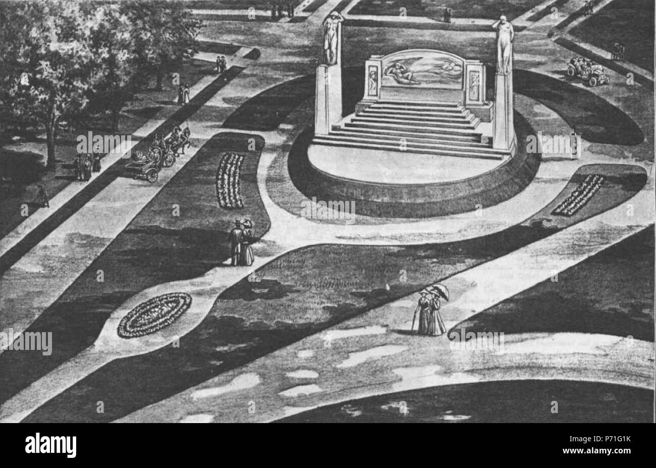 Englisch: Zeichnung eines Künstlers mit der Darstellung der Alexander Graham Bell Gardens, und die Glocke Denkmal, in Brantford, Ontario. Die Gedenkstaette erinnert an die Erfindung des Telefons durch Bell in Toronto im Juli 1874. Vor 1909 1 Bell Memorial Konzept Zeichnung-C 1909 Stockfoto