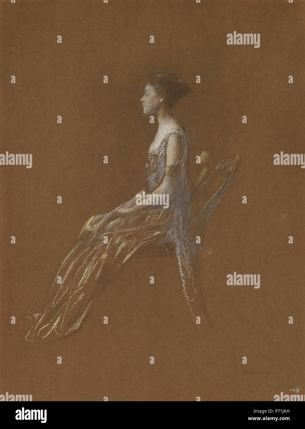 Englisch: Sitzende Dame im gelben Kleid (Nummer 104) von Thomas Wilmer Betauung, 14,25 x 11,25 Zoll (36,2 x 28,6 cm), Pastell. 8 eated Dame im gelben Kleid" von Thomas Betauung, Pastell Stockfoto