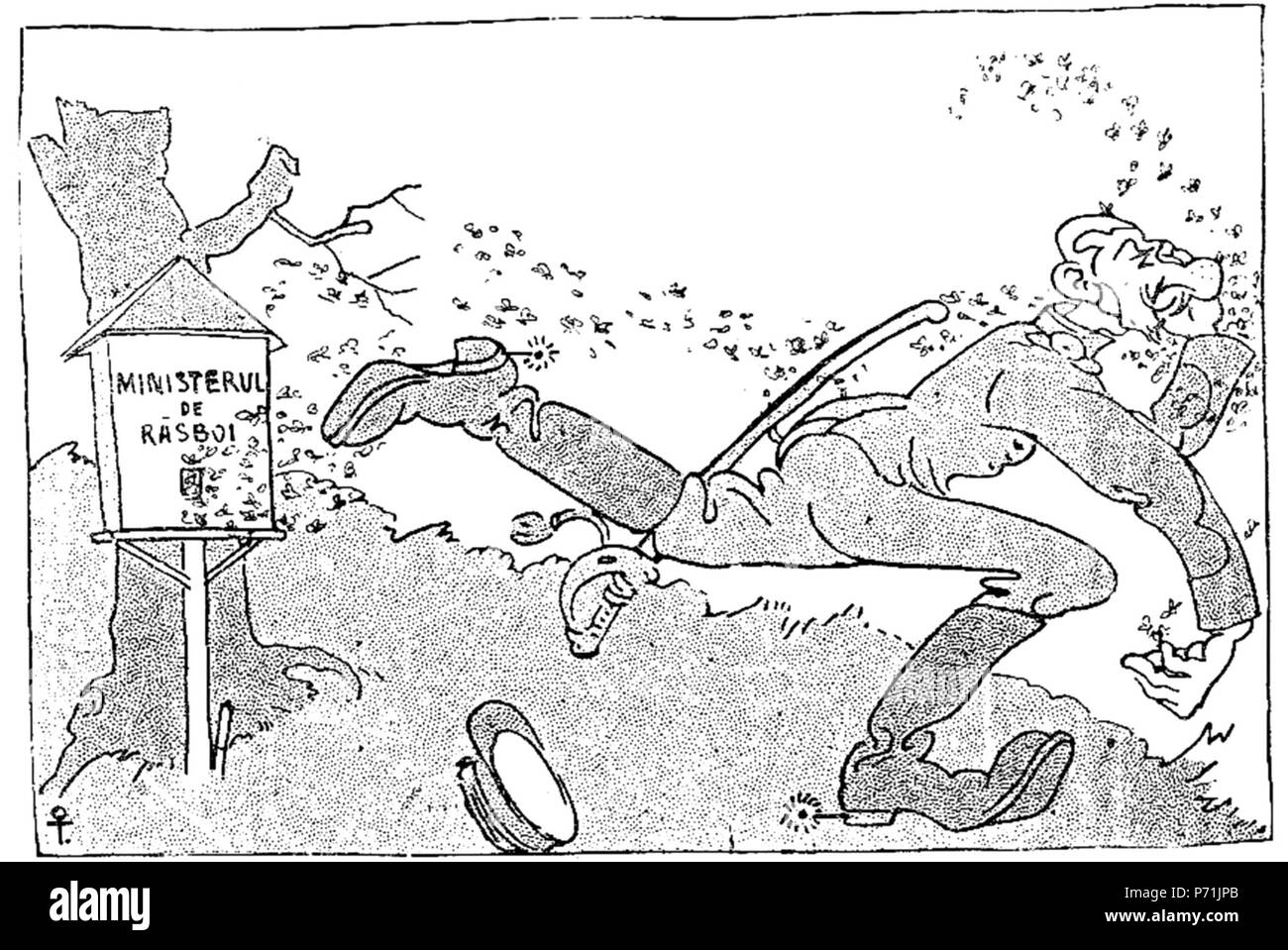 Englisch: Regrete postume ('Posthume bedauert"), politische Karikatur in der Rumänischen Zeitschrift Furnica. Allgemeine Averescu, der gerade von seinem Amt als Minister entlassen nach einem kurzen Mandat, hier gezeigt, ein Schwarm von Bienen. Auf der linken Seite, ein Bienenstock mit der Aufschrift "Kriegsministerium". Mit der Legende Veröffentlicht: De tiam c o s m Coste mierea atâta, Mai bine m lipseam! (' Hatte ich gewusst, dass dies war der Preis für Honig essen, würde ich der Stimme enthalten haben!'). 2. April 1909 31 Ion Theodorescu-Sion - Regrete postume, Furnica, 2 Apr 1909 Stockfoto