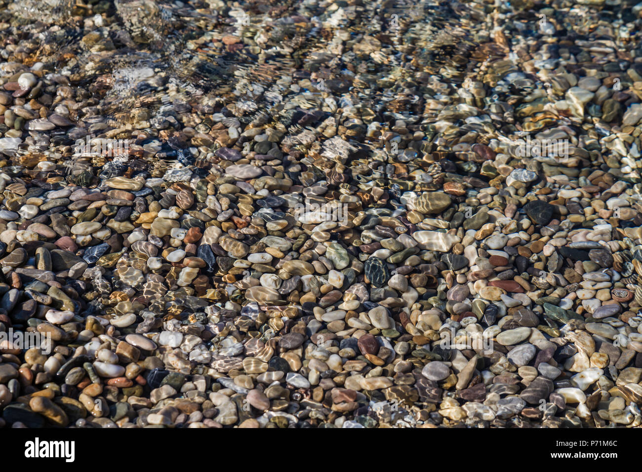 Meer Kiesel auf einem sauberen Strand als Textur, Hintergrund Stockfoto