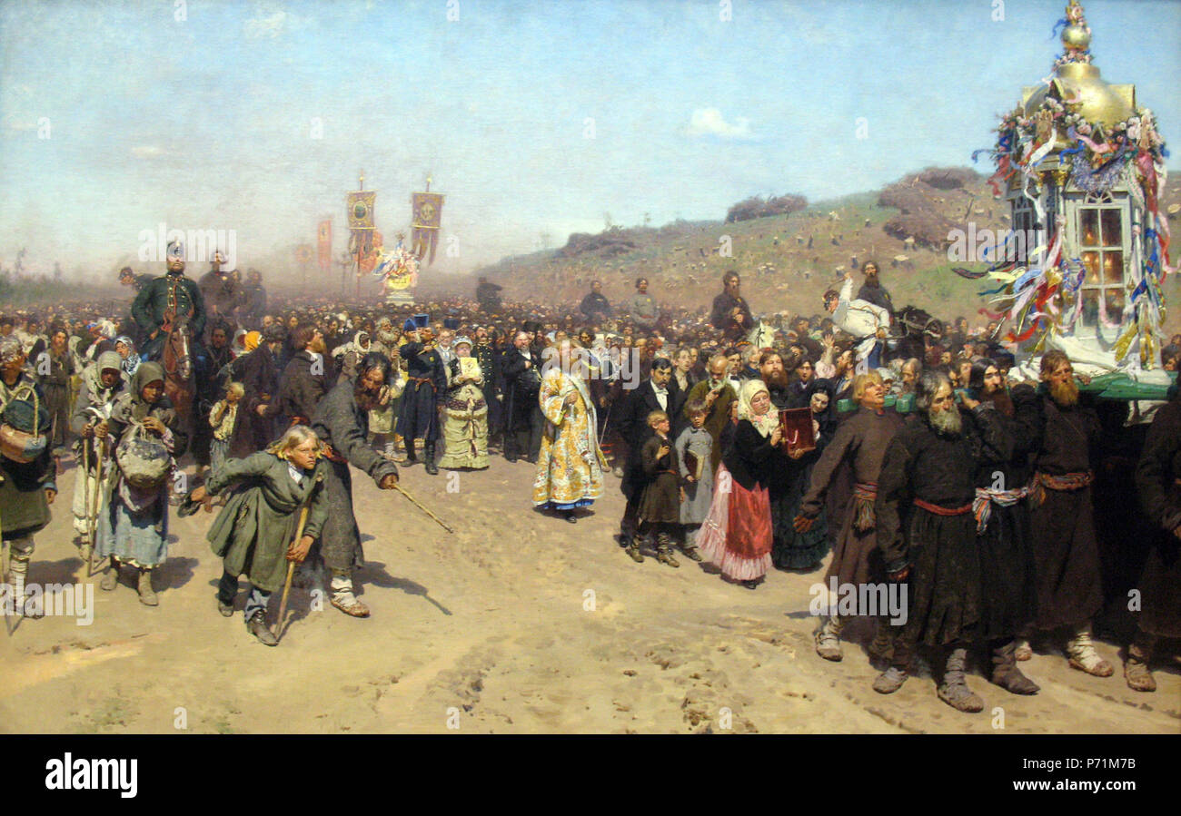 Englisch: Eine religiöse Prozession im Gouvernement Kursk, 1880-1883 English: Religiöse Prozession im Gebiet Kursk,: 1880-1883, 1880-1883. 1880-83 2 1880-3 Repin Religioese Prozession in Kursk anagoria Stockfoto
