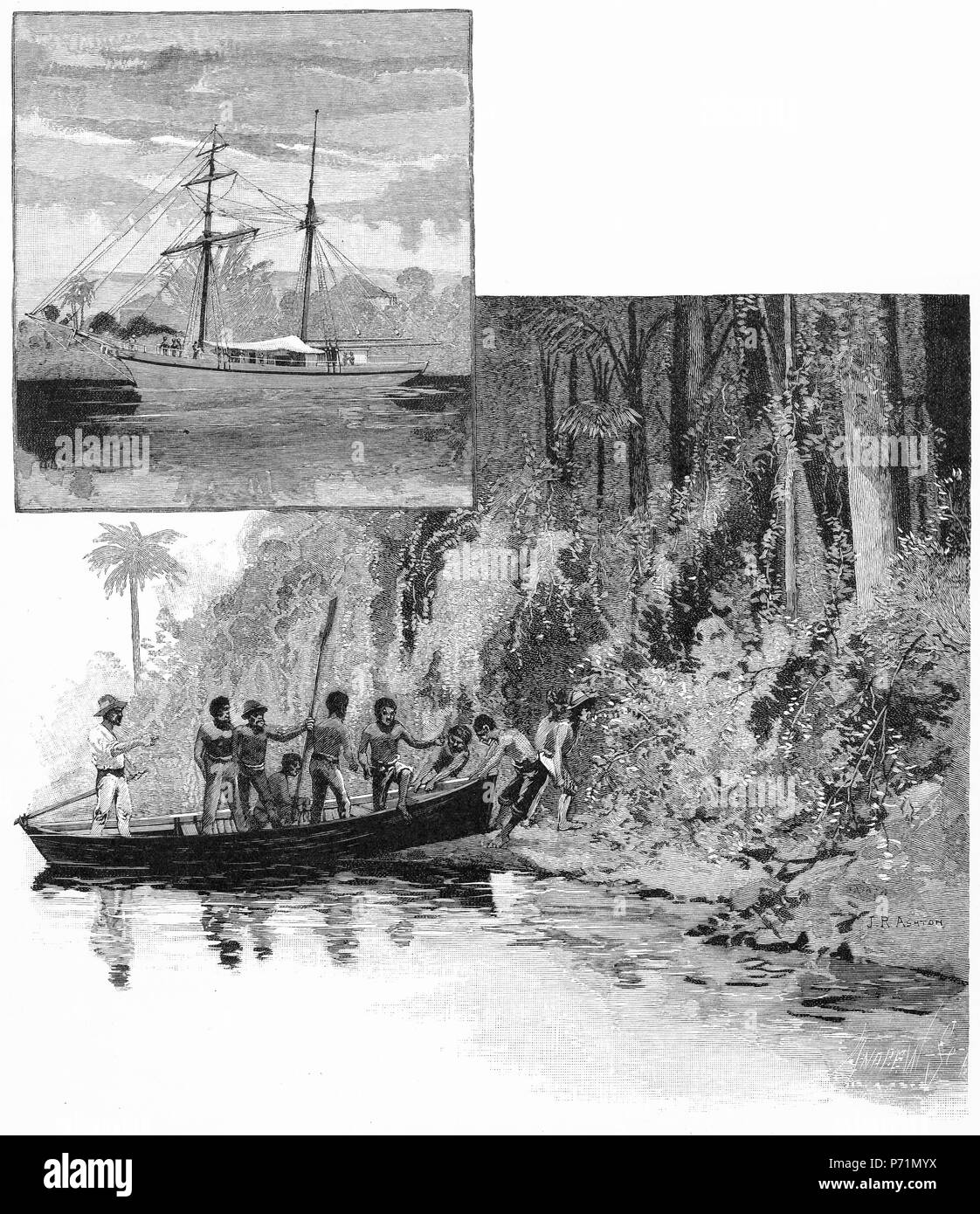 Gravur einer Yacht mit einer Last von kanakas, Sklaven von pazifischen Inseln wie die Neuen Hebriden, gestohlen auf Zuckerplantagen in North Queensland, Australien zu arbeiten. Von der malerischen Atlas von Australasien Vol. 2, 1886 Stockfoto