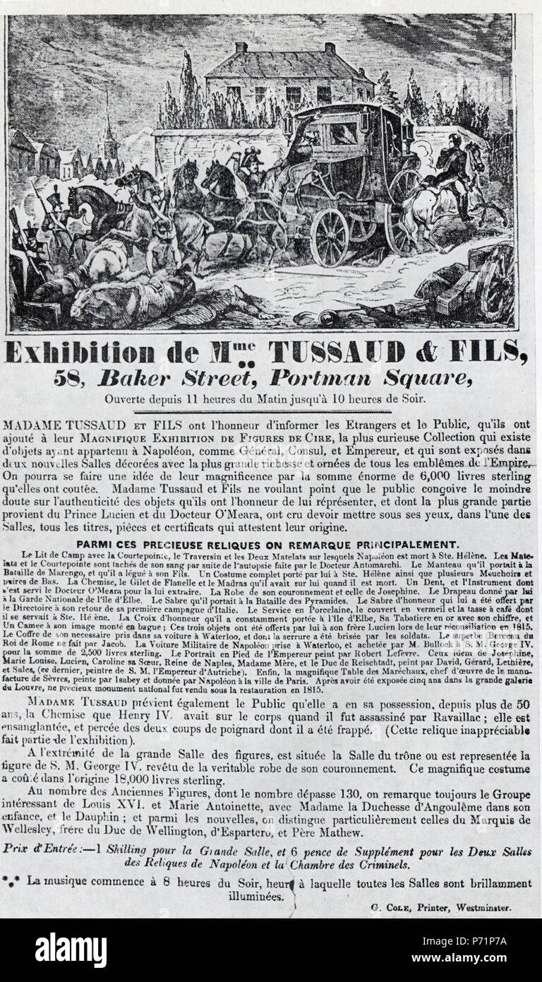 Français: Affiche de 1835 pour l'Exposition de la Collection de Zahlen de Cire de Madame Tussaud à Londres. Englisch: Poster Werbung für die Ausstellung der 1835 Tussaud's Wax Charakter in London. 28 Dezember 2013, 19:54:28 12 Madame Tussaud affiche 1835 Stockfoto