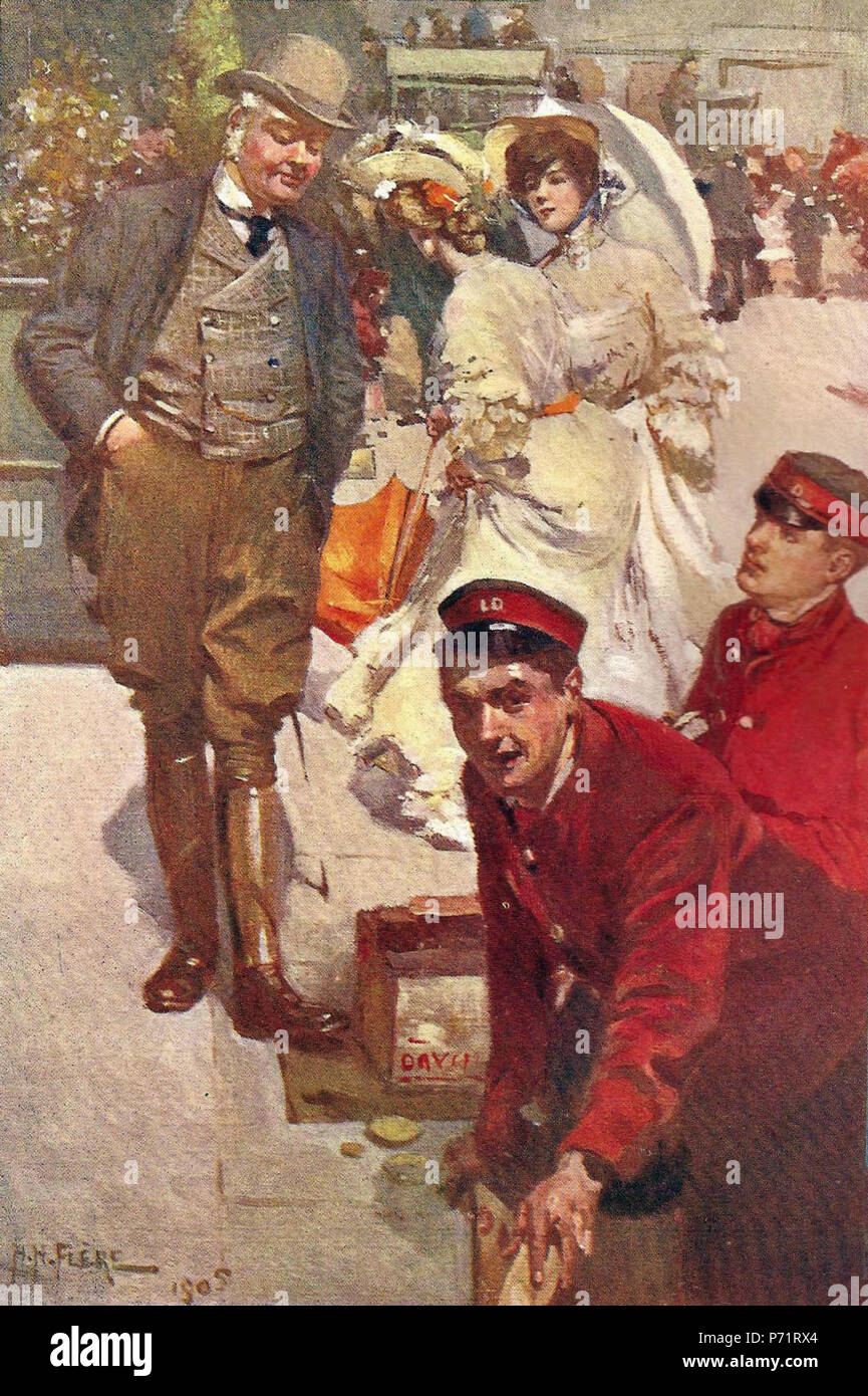 Das ist ein Gemälde des französischen Malers S.H. Flère und war Teil einer Reihe von London. In diesem Fall ist die Malerei 1905 schildert, shoeblacks Bootblacks oder Schuhputzmaschine/-service Jungen. Die shoeblack Brigaden oder Gesellschaften, neun in alle, die ganz London bedeckt waren die Idee der drei Zerlumpte Schule Lehrer, J. MacGregor, J.R. Fowler und R.J. Snape, die Notwendigkeit für eine Besetzung für ihre Schülerinnen und Schüler als Kriminalität gesehen. Die zerklüftete Schüler besuchte die Schule auf Teilzeitbasis in der Regel am Abend und hatten den Rest des Tages in Schwierigkeiten zu geraten. Die erste shoeblack Brigade begann die Arbeit ein Stockfoto