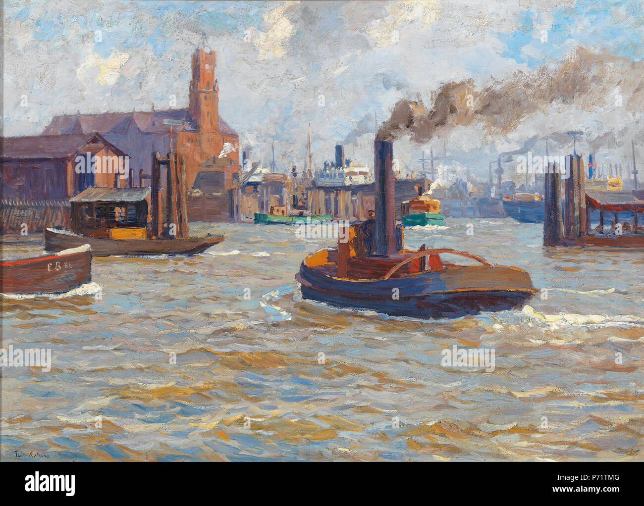 English: Hamburger Hafen mit Blick auf die kehrwiederspitze, signiert Paul Kutscha, Öl auf Leinwand, 56,7 x 78,5 cm. Vor 1935 176 Paul Kutscha Hamburger Hafen Stockfoto