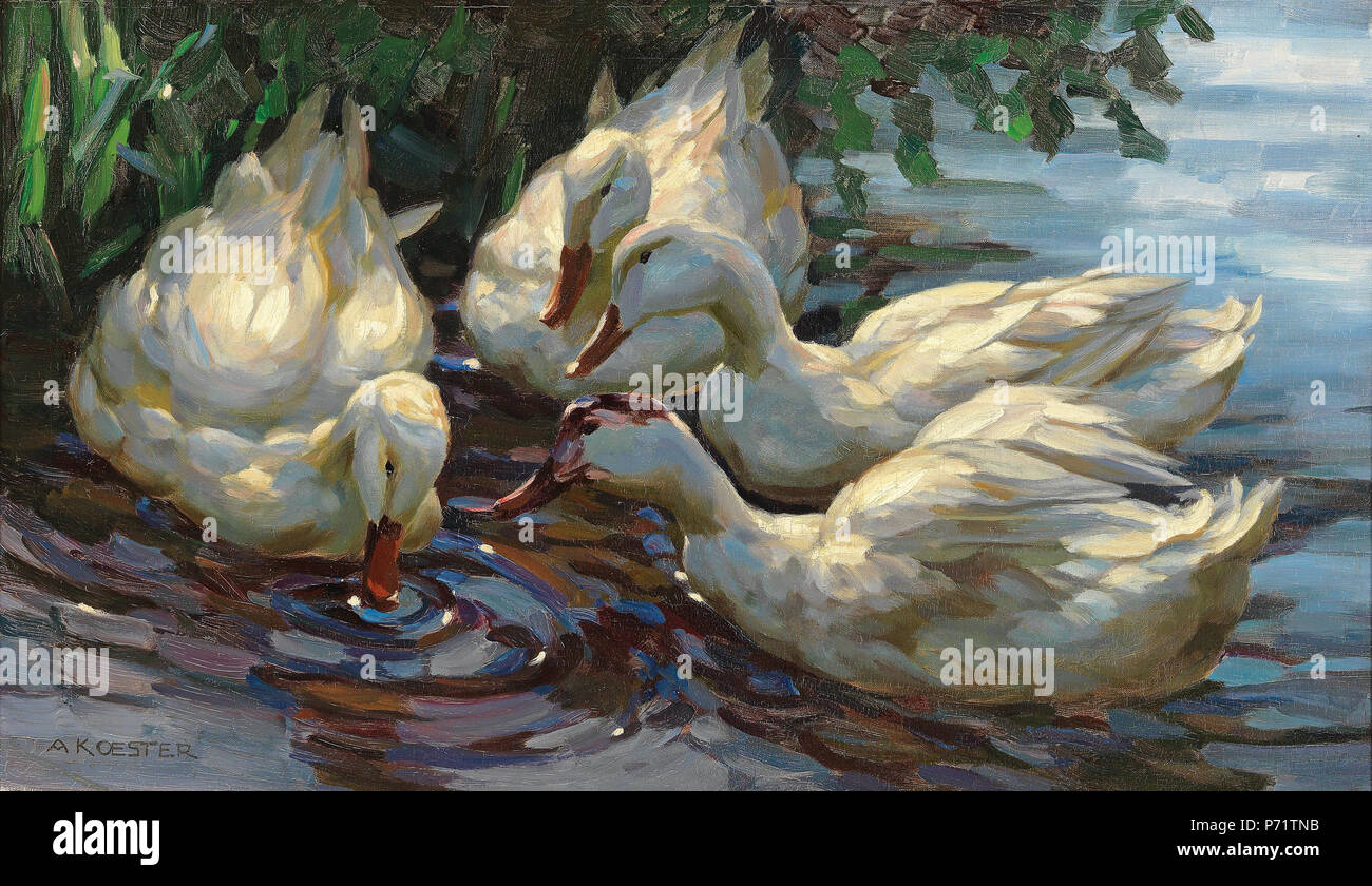 Deutsch: Vier Enten am Weiher, signiert A. Koester, Öl auf Leinwand, 46 x 78,5 cm. Vor 1932 8 Alexander Koester Vier Enten am Weiher Stockfoto