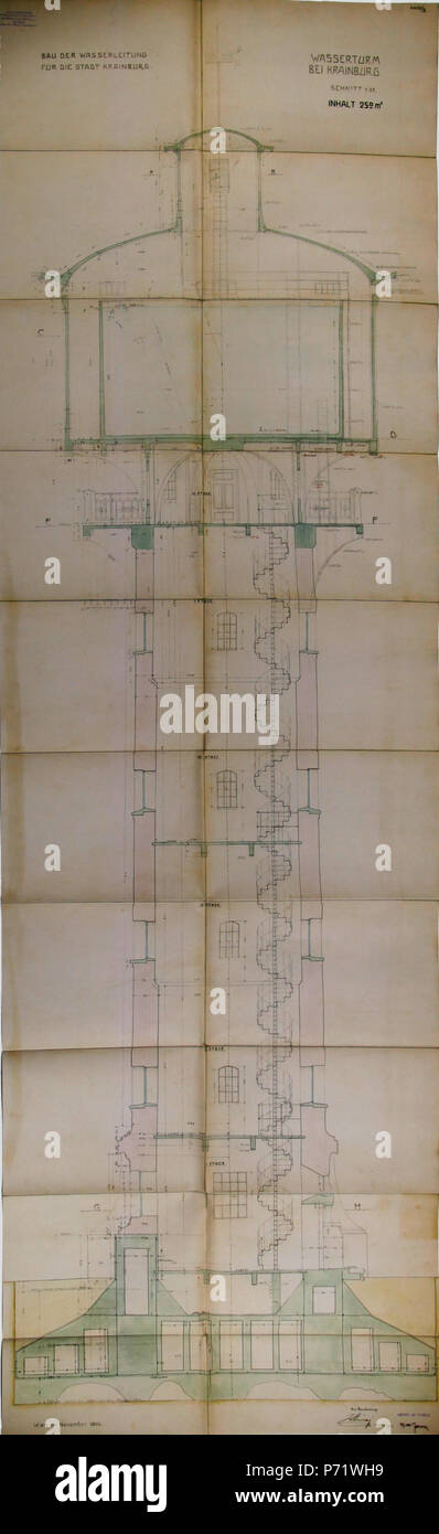 43 Načrt vodovodnega stolpa v Kranju 1910 Stockfoto