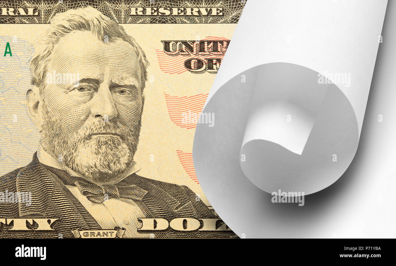 Fünfzig Dollar Bill mit weißen Blättern Papier. Stockfoto