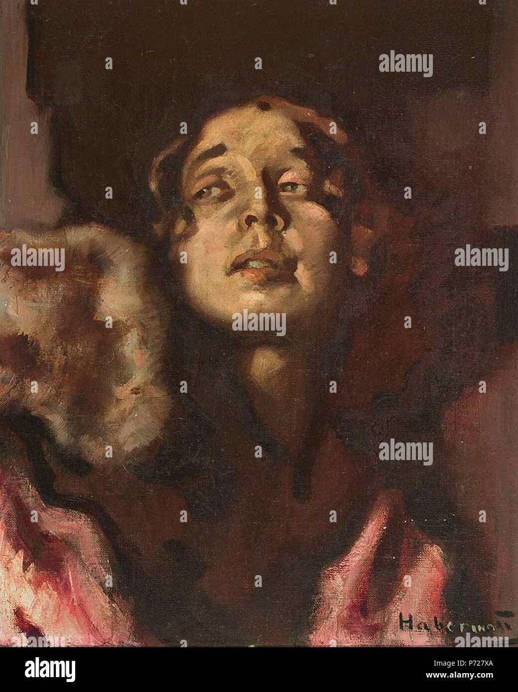 English: Porträt einer jungen Dame im eleganten lachsfarbener abendlicher Ballrobe mit Pelzbesatz vor dunklem Hintergrund. Öl auf Leinwand. 41 x 33,5 cm. Signiert. Vor 1929 141 Hugo von Habermann Porträt einer Dame Stockfoto