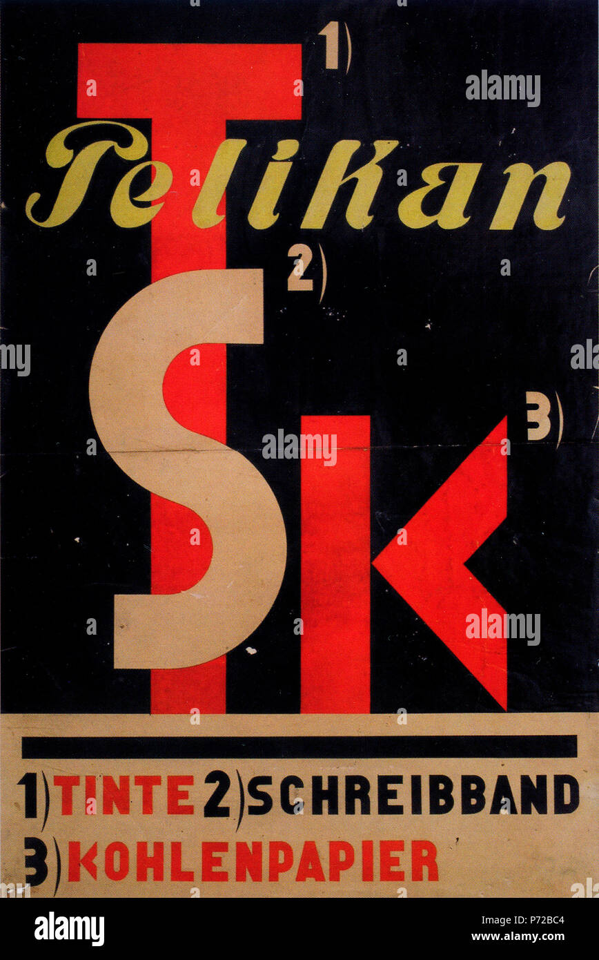 English: Plakat von El Lissitzky aus dem Jahr 1929 für das Unternehmen Pelikan AG mit den Buchstaben T S K für Tinte, Schreibband und Kohlenpapier. Vorlage: Horst-Dieter Görg, Dieter Täsch: Hannovers Technik in der Werbung, in stirbt. (Hg.): Es begann in Hannover... Kekse - Kommißbrote - Rechenmaschinen. Über Persönlichkeiten, Traditionsunternehmen und Meilensteine der Technik-Geschichte, mit Beiträgen von Torsten Hamacher..., in Kooperation mit dem technik-forum Hannover e.V., 1. Auflage, Hannover: Leuenhagen & Paris, 2011, ISBN 978-3 -923976-84-3, S. 64-81; hier: S. 71... 1929 2 1929 El Lis Stockfoto