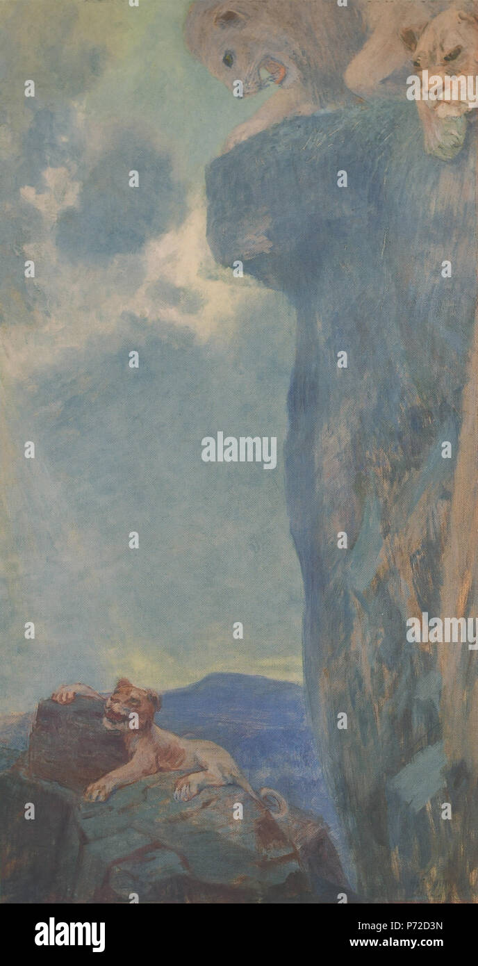 Englisch: Löwen Prüfung Ihrer Cub, von fujishima Takeji, Ishii Memorial Gesellschaft 日本語: 獅子の子落し 藤島武二筆. 1903 29 Lions Prüfung Ihrer Cub von fujishima Takeji (Ishii Memorial Society) Stockfoto