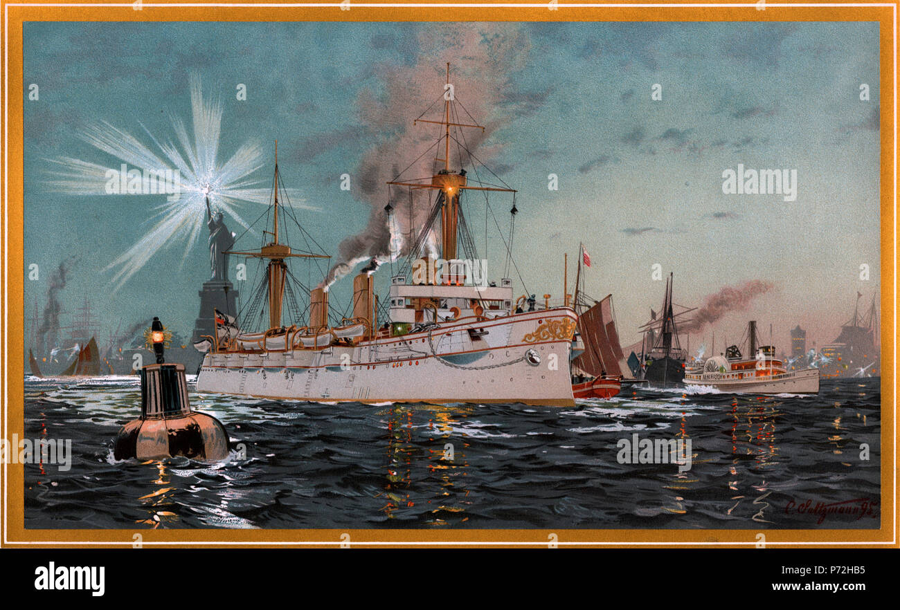 150 Kaiserin Augusta verlässt Newyork, Chromo-Lithographie von C. Saltzmann 95, nr 13 aus G. Wislicenus, unsre Kriegsflotte Stockfoto