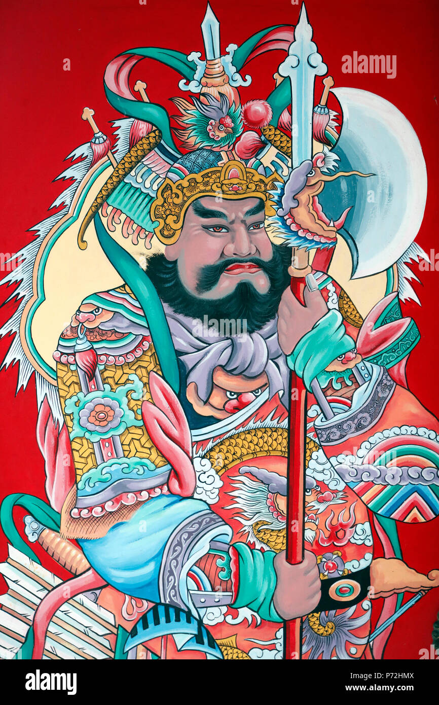 Guardian Abbildung Gemälde auf Tor, Hoi Tuong Te Nguoi Hoa buddhistischen chinesischen Tempel, Phu Quoc, Vietnam, Indochina, Südostasien, Asien Stockfoto