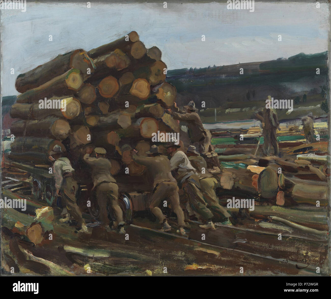 . Bewegen des Staplers eine andere Werft. Englisch: Sechs Soldaten in einem lumberyard Push ein Lkw mit Logs entlang der Bahn schienen angehäuft. Die europäischen Eisenbahnsystems war entscheidend für den Krieg, so dass die Bewegung von Soldaten und liefert auf der Vorderseite. . 1918 1 Alfred Munnings - BEWEGEN DES STAPLERS EINE ANDERE WERFT (CWM 19710261-0475) Stockfoto