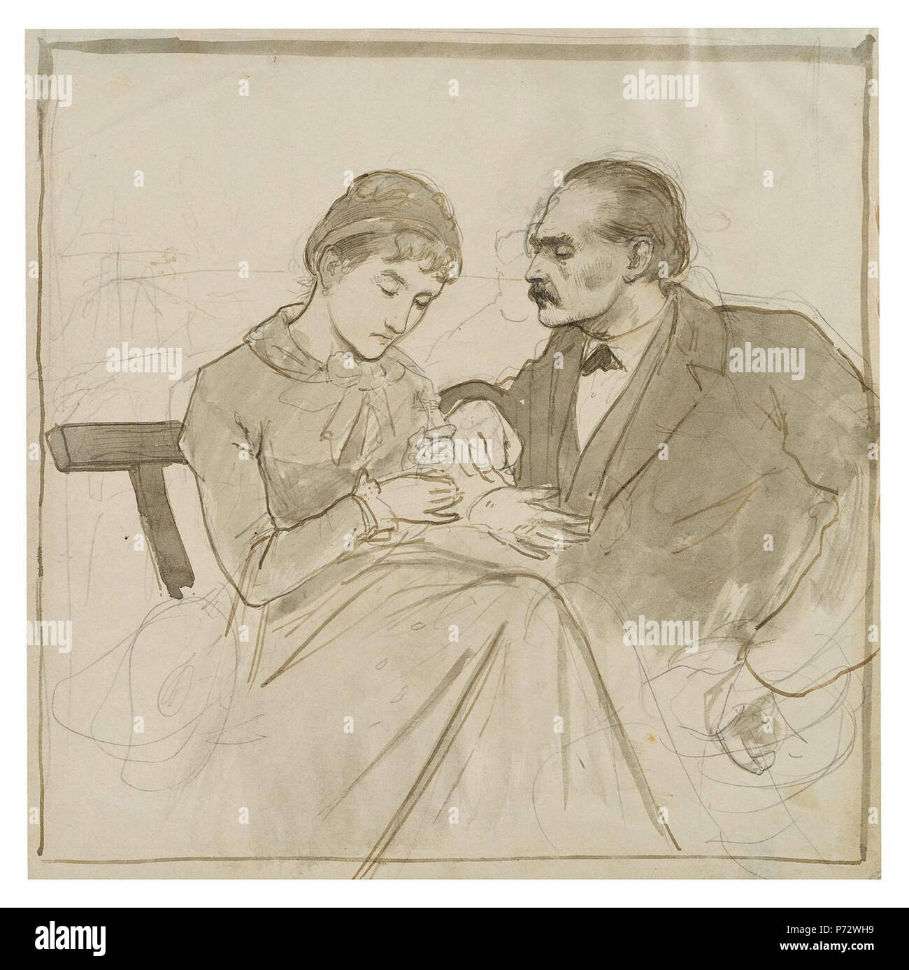 Theodor Poeckh: Junge Frau mit ihrem Gemahl. 20,5 x 20,8 cm, Lavierte Federzeichnung in schwarzer Tusche über Bleistift auf Papier. Datum unbekannt 79 Theodor Poeckh - Junge Frau mit ihrem Gemahl Stockfoto