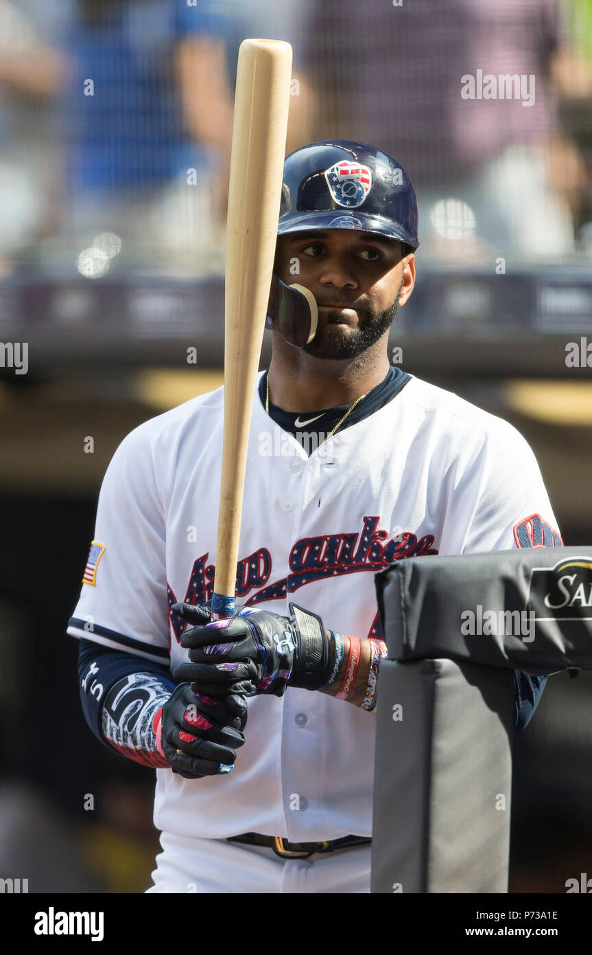 Milwaukee, WI, USA. 3. Juli 2018. Milwaukee Brewers zweiter Basisspieler Jonathan Villar #5 Während der Major League Baseball Spiel zwischen den Milwaukee Brewers und die Minnesota Twins am Miller Park in Milwaukee, WI. John Fisher/CSM/Alamy leben Nachrichten Stockfoto