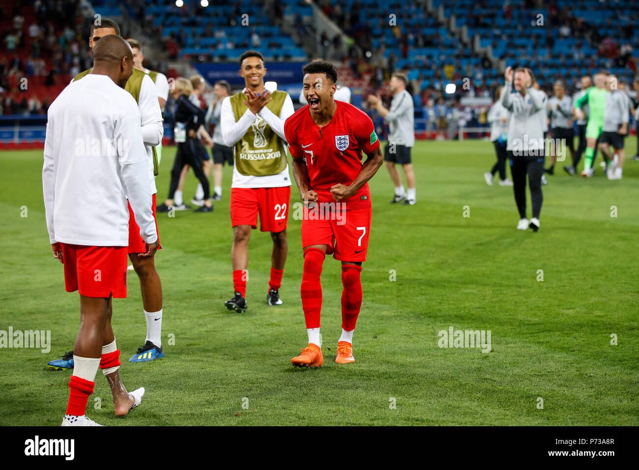 Jesse Lingard von England feiert nach der 2018 FIFA World Cup Runde 16 Match zwischen Kolumbien und England bei Spartak Stadium am 3. Juli 2018 in Moskau, Russland. (Foto von Daniel Chesterton/phcimages.com) Stockfoto