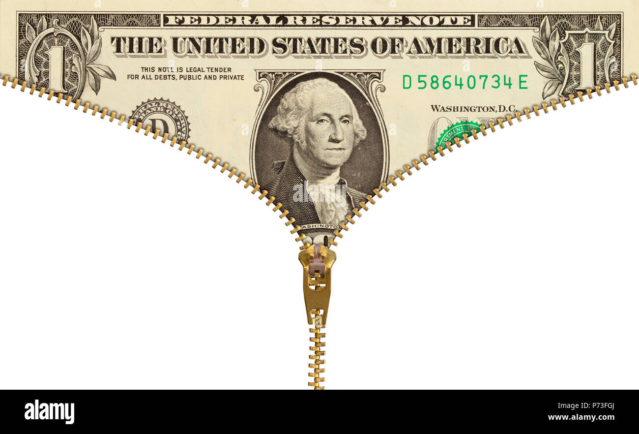 Ein Dollar Bill mit Reißverschluss isoliert auf weißem Stockfoto