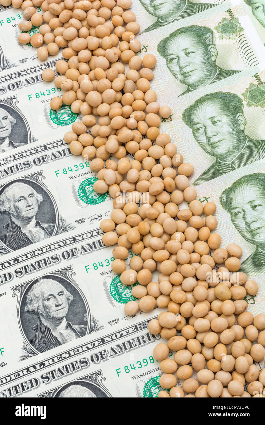 Chinesisch 1 Yuan & US 1 Dollarscheine mit getrockneten Sojabohnen - Metapher für US-China trade Krieg und Chinesischen Zölle auf Einfuhren von Sojabohnen Handelskrieg China. Stockfoto