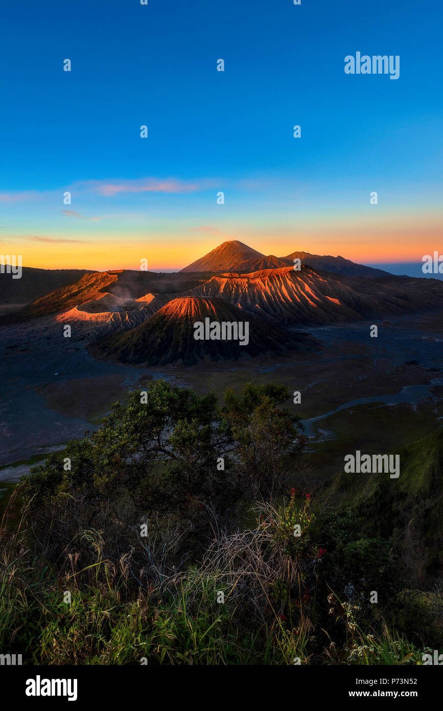 Sonnenaufgang am Mount Bromo Vulkan, Ostjava, Indonesien. Sonnenlicht beleuchtet nur die Spitzen der vulkanische Krater. Milden Rauch aus Mt. Bromo gesehen werden. Stockfoto