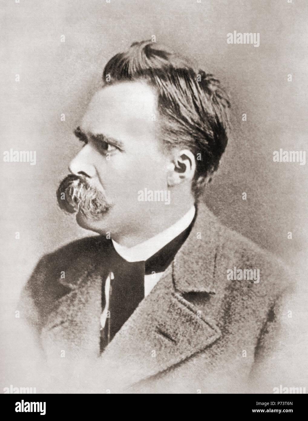 Friedrich Wilhelm Nietzsche, 1844 - 1900. Deutsche Philosoph, Kulturkritiker, Komponist, Dichter, Philologe und einem lateinischen und griechischen Gelehrten. Nach einer zeitgenössischen Print. Stockfoto