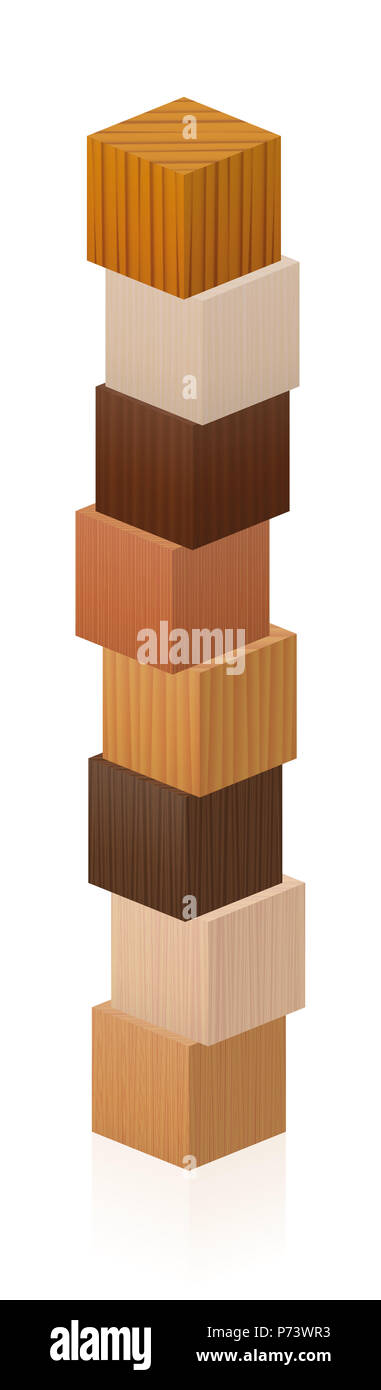 Holz- Turm aus verschiedenen Holzproben texturierten Würfel aus verschiedenen Bäumen - Abbildung auf weißem Hintergrund. Stockfoto