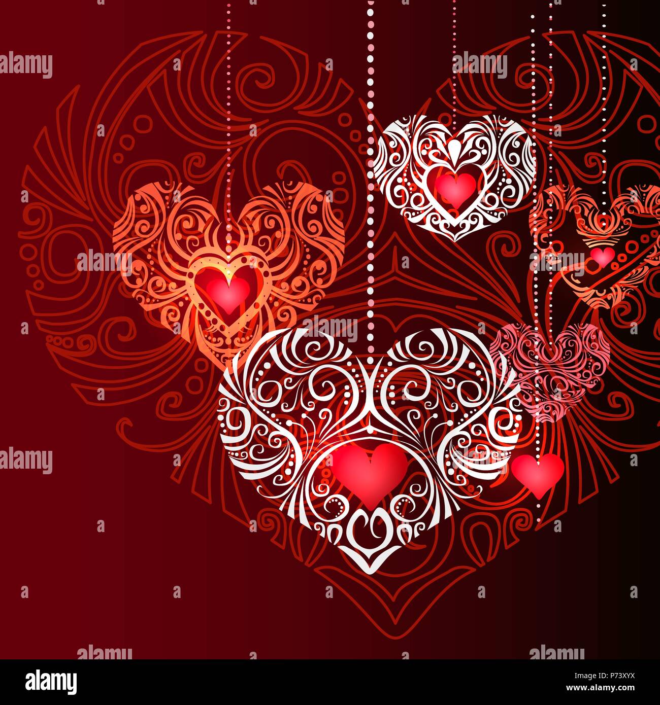 Reich verzierte Schmuck Herzen auf rotem Hintergrund. Vector Illustration. Stock Vektor