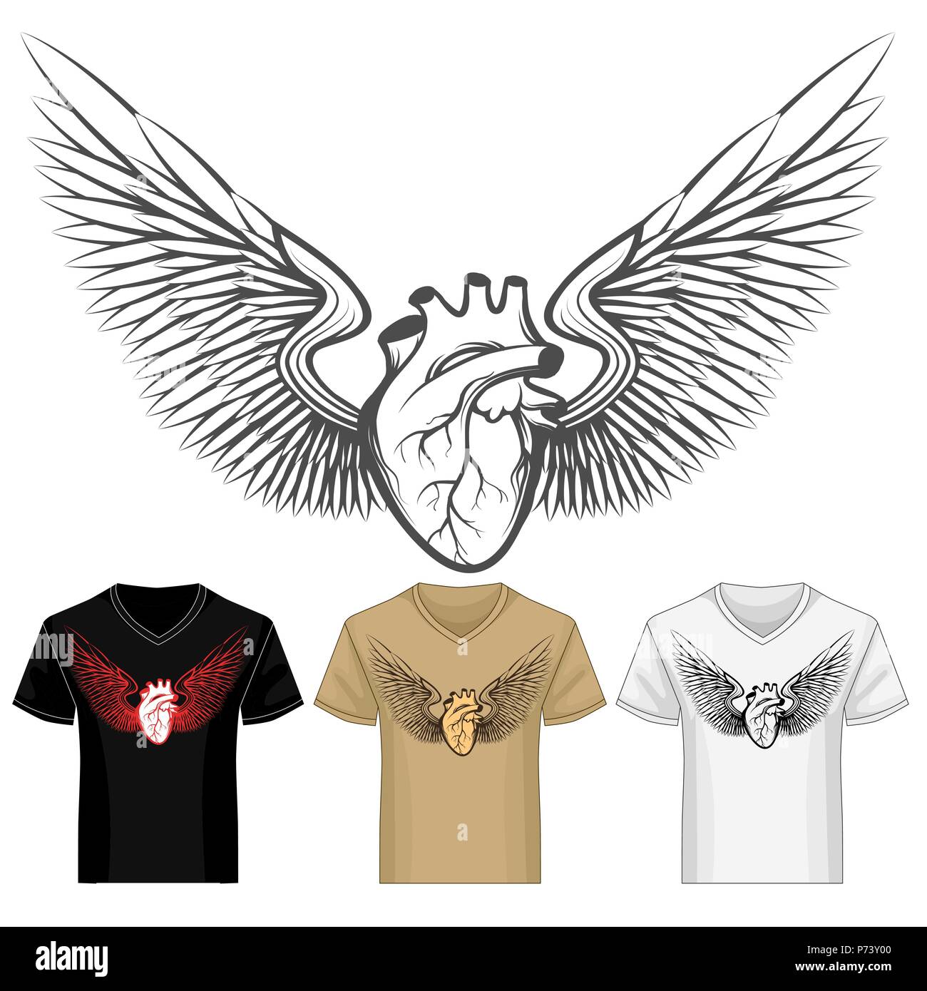 Herz mit Flügeln shirt Druckvorlage in verschiedenen Farbvarianten. Vector Illustration. Stock Vektor