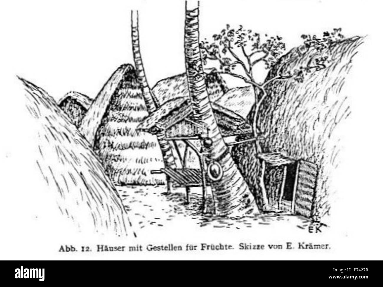 Français: Entreposage de Obst Près d'une Maison sur l'île de Tobi, dessin de Elisabeth Krämer-Bannow. Seite 55 du Livre de Eilers. Zwischen 1908 und 1910 3 Obst Rack in der Nähe ein Haus auf der Insel Tobi Stockfoto